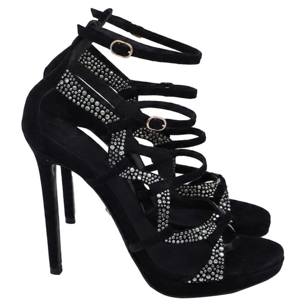 Versace Crystal Embellished Gladiator Sandals in Black Suede